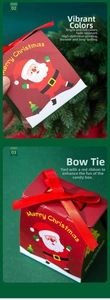 Detail view of red Christmas candy box with Santa illustration and red silk ribbon