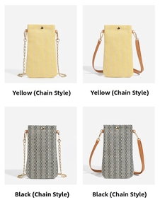Detail of woven straw phone bags with gold buckles and interchangeable straps
