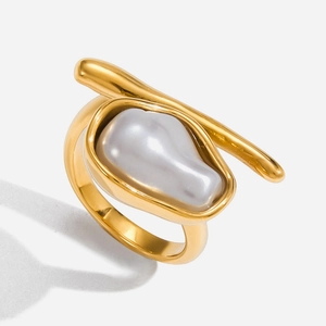 Baroque Irregular Artificial Pearl Asymmetric Open Ring 18K Gold Plated Stainless Steel French Retro Elegant Jewelry For Women