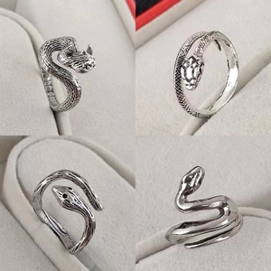 Vintage silver snake rings set featuring adjustable punk style alloy coiled serpent designs