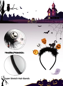 Halloween headband featuring spooky glitter pumpkins, bats and black feathers detail