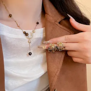 Tiger's Eye Stone Zircon Star Moon Necklace Fan Tassel Earrings Jewelry Set With 925 Sterling Silver Earring Post Retro