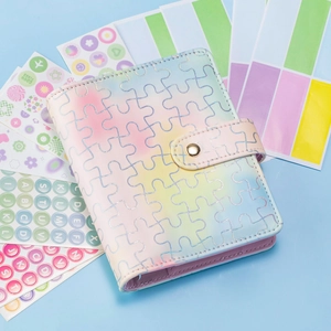 Detailed view of rainbow gradient PU leather A7 binder notebook with stickers