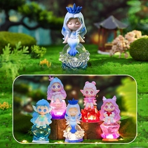 Macro view of five glowing fairy capybara figurines in a miniature forest garden