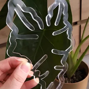 Supporto per piante in acrilico trasparente a forma di foglia tenuto in mano su verde