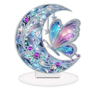DIY 5D acrylic diamond painting stand with moon and butterfly design on white base