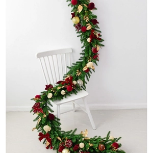 2.7m Christmas velvet ball pine garland with red bows and gold leaves for festive decor