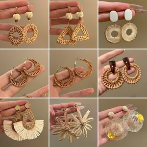 Handmade Rattan Woven Drop Earrings With Wood Beads And Silver Earring Post Bohemia Summer Vacation Ethnic Style