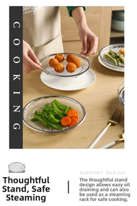 Detail of stainless steel cooling rack with support feet for oil draining and steaming