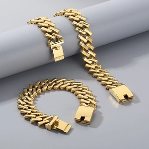 Golden 20mm rhombic Cuban chain necklace and bracelet set in polished metal