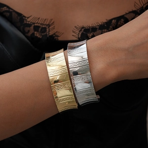 Bracelet Manchette Large En Alliage Motif Géométrique Rayures Points Ajustable Mode Minimaliste