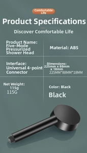 Close-up of matte black ABS shower head with five spray modes and G1/2 universal interface