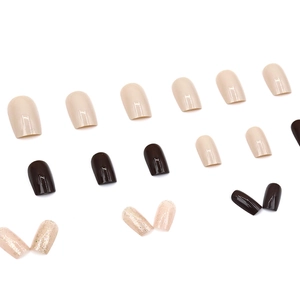 Short coffee and beige press-on nails set with glossy finish and champagne glitter