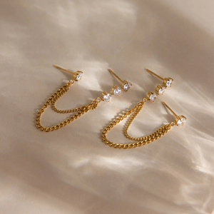 18K gold plated stainless steel chain earrings with sparkling white cubic zirconia