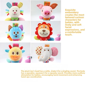 Detail of plush animal rattles showing embroidered faces and built-in BB squeaker
