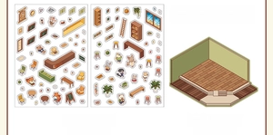 Detail of DIY coffee bakery PET stickers with 3D miniature cottage scene cards