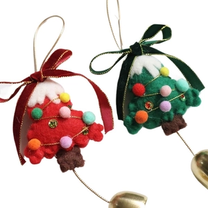 Christmas felt pine tree ornaments with velvet bows and golden bells decoration