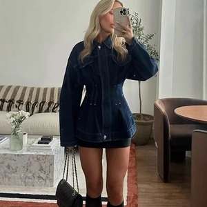 Women Denim Jacket Dark Blue Lapel Collar Long Sleeve Contrast Stitching Cinched Waist Casual Streetwear Outerwear