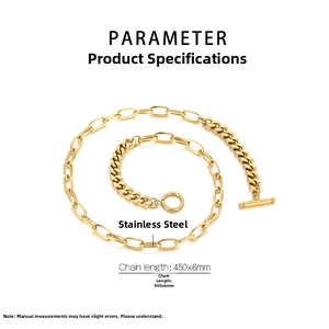 Detailed close-up of gold-plated stainless steel necklace featuring dual-style links and OT clasp