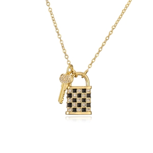 Elegant 18K gold plated necklace with checkerboard lock and heart key zirconia charms