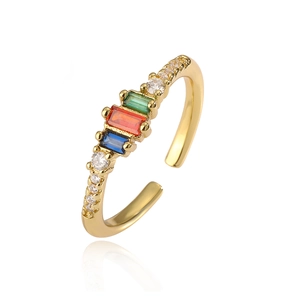 18K gold plated adjustable ring featuring emerald green, orange, and blue baguette zircons
