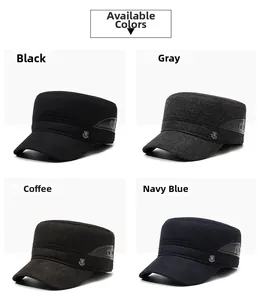 Flat top cadet caps for elder men in wool fabric with R-badge detail in four colors
