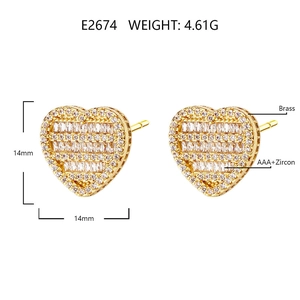 Detailed view of heart-shaped brass stud earrings with AAA zircon stones and 14mm size