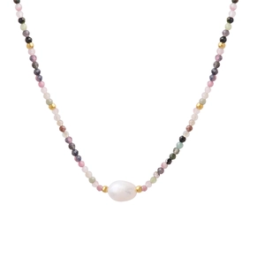 Vintage Ethnic Multicolor Natural Tourmaline Beaded Necklace With Baroque Freshwater Pearl Pendant Titanium Steel Jewelry