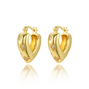 Elegant gold heart huggie earrings with engraved star patterns and cubic zirconia stones