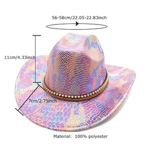 Chapeau de cowboy rose à motif serpent avec bordure dorée et mesures de taille