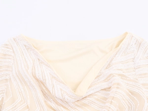 Close-up of elegant cowl neck and wavy sequin embroidery on mesh long sleeve evening dress