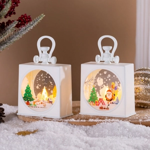 Christmas Decorative Lantern LED Night Light Retro Handheld Lamp Santa Snowman Scene Holiday Tabletop Decor Plastic Glass