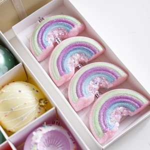 Pink and pastel rainbow Christmas ornaments set of four with glitter finish in gift box