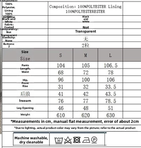Detailed size chart and washing instructions for elegant two-piece tweed suit ensemble