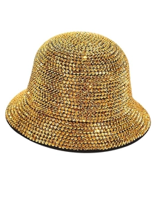 Detailed view of shimmering gold rhinestones on a stylish disco bucket hat surface
