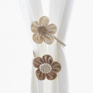 Handmade burlap flower curtain tiebacks in beige and brown for natural rustic home decor