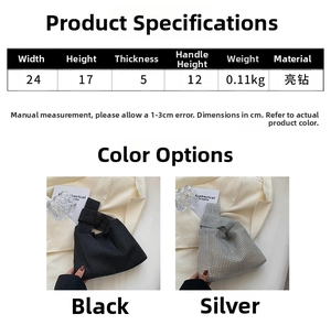 Detailed size chart showing two crystal knot handbags in black and silver finishes