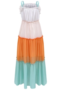 Robe longue sans manches pour femme avec patchwork de mousseline blanc rose orange bleu