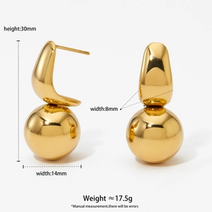Polished gold stainless steel ball earrings with minimalist curved design 30mm height