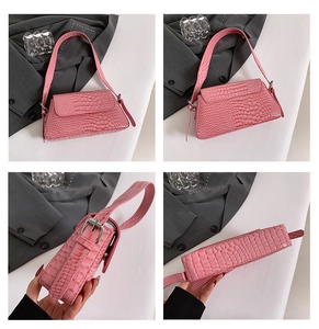 Pink crocodile pattern handbag shown from front, back, side and bottom angles