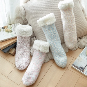 Thick knit floor socks with plush lamb wool lining in pastel colors for cozy winter home wear