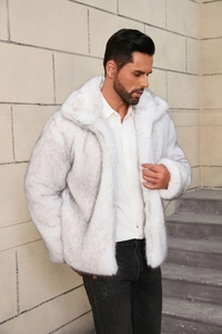 Detail of light gray faux fur texture on men's winter jacket with wide lapel collar