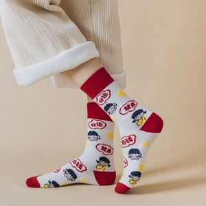 Festive red and white cotton Christmas socks for women with cute cartoon character patterns