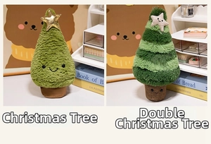 Close-up of green plush Christmas tree toys with smiling stars for holiday gifts
