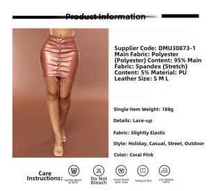 Detail showing high-waist PU leather mini skirt with lace-up front and metallic pink finish