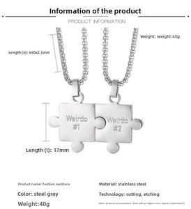 Detail view of puzzle piece necklaces with 'Weirdo' engraving and dimension markings