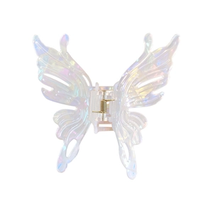 Holographic butterfly hair claw clip with iridescent finish on a white background