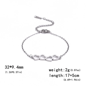 Titanium steel bracelet with four connected hollow hearts and 17+5cm adjustable chain