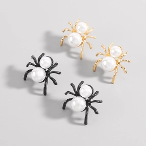 Gothic spider stud earrings with white pearls in gold and black finish for Halloween