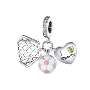 Sports-themed silver charm set with football and heart pendant featuring I Sports engraving